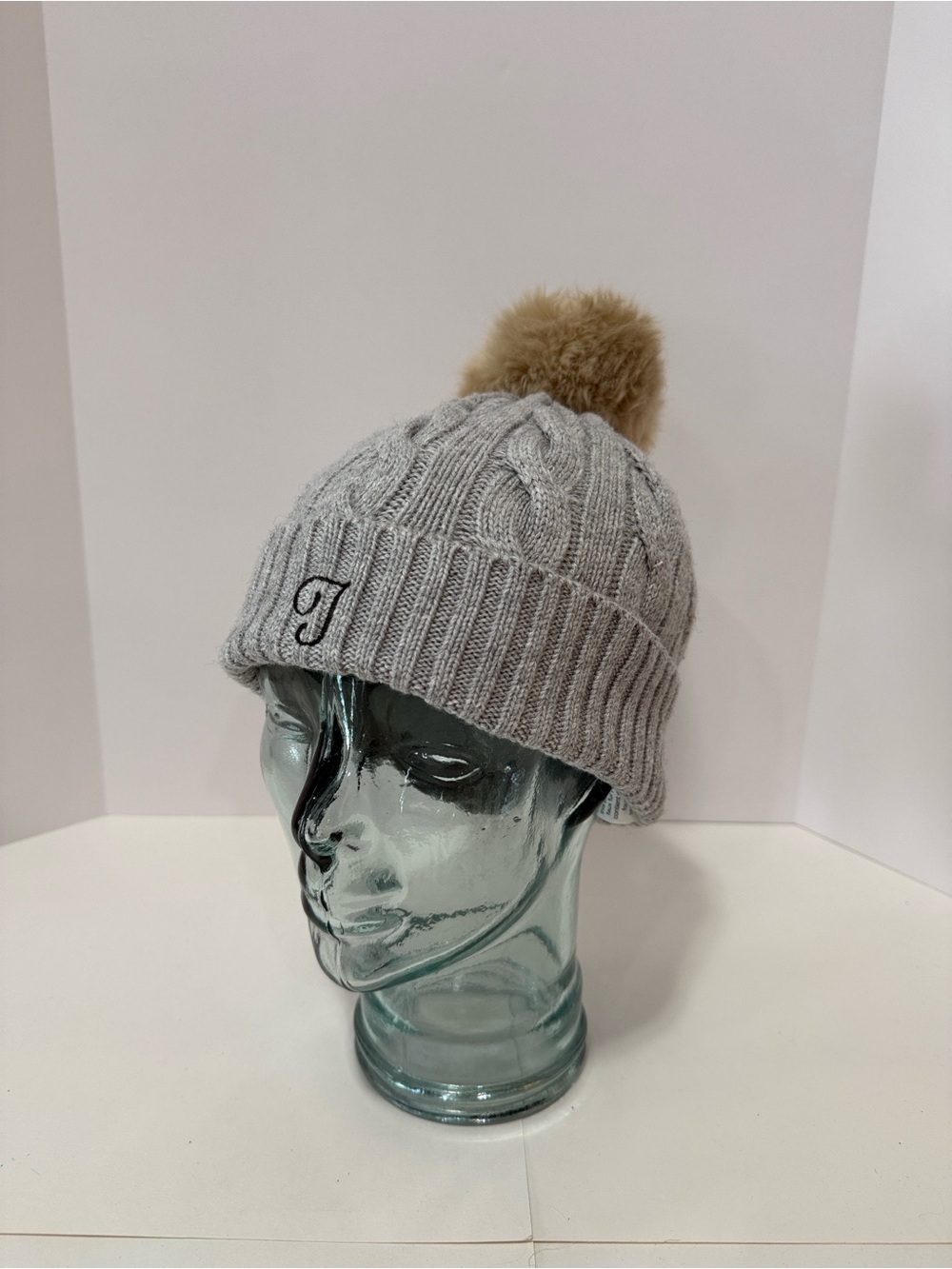 Mark & Graham Gray Cable Knit Beanie with Tan Pom